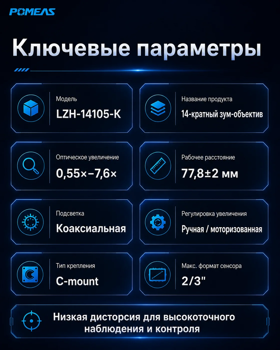 Параметры зум-объектива POMEAS LZL-12104-D1 Технические параметры моторизованного зум-объектива LZL-12104-D1