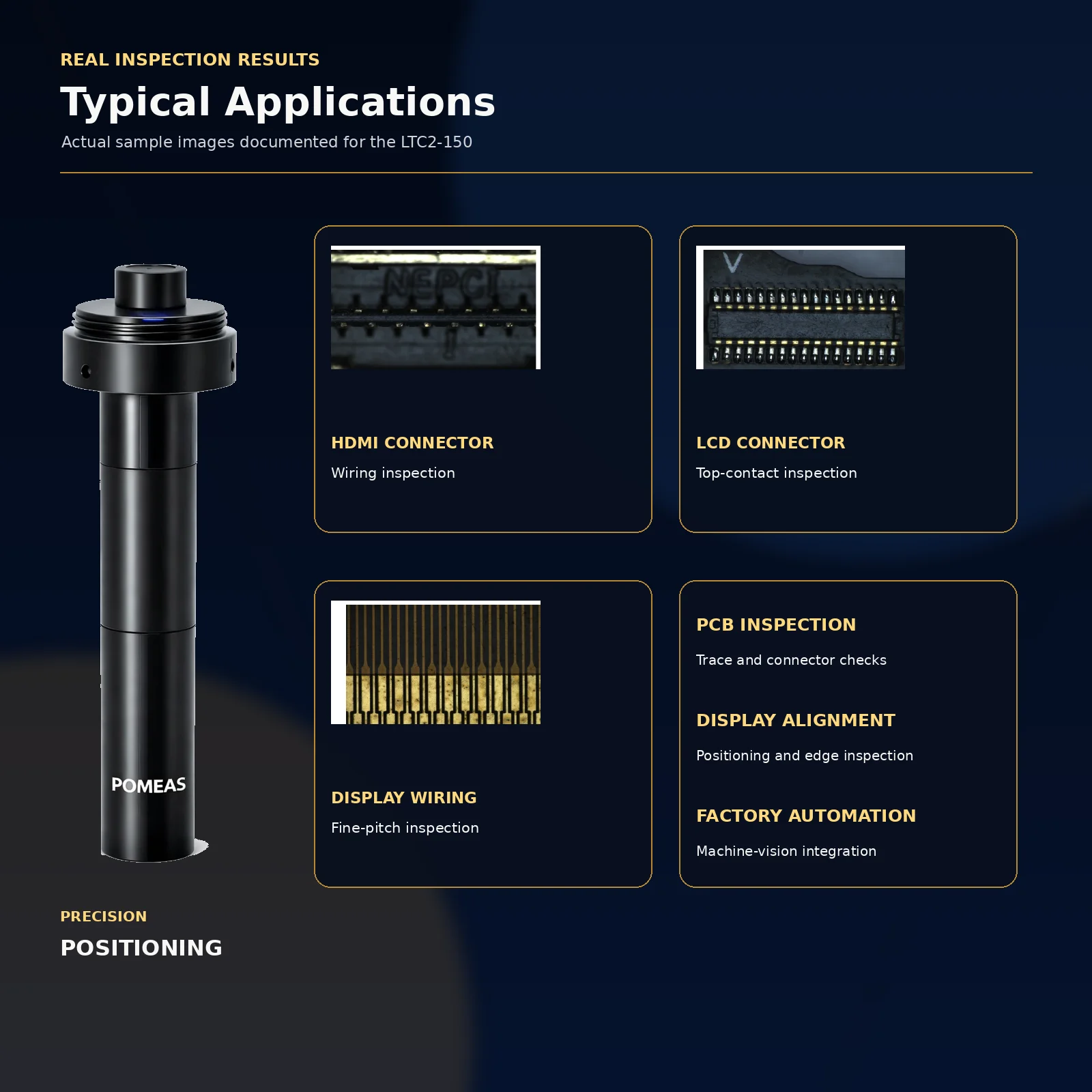 POMEAS LTC2-150 telecentric lens applications for PCB connector and display inspection