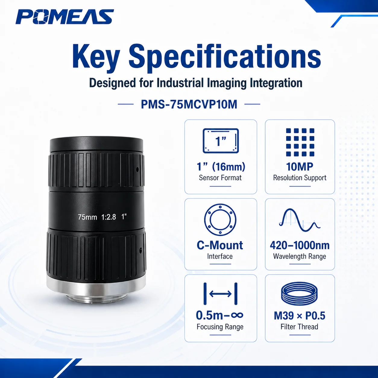 75mm 10MP 1-Inch C-Mount Machine Vision Lens