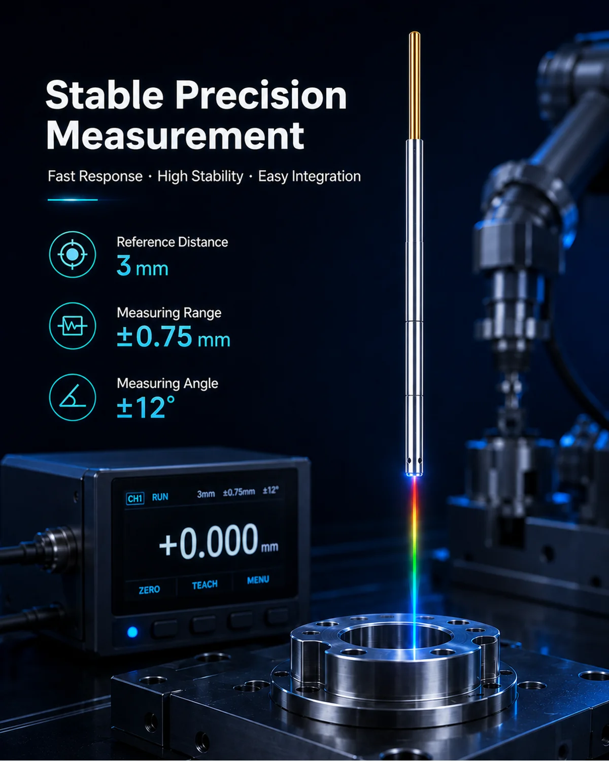 Confocal displacement sensor measuring range and reference distance