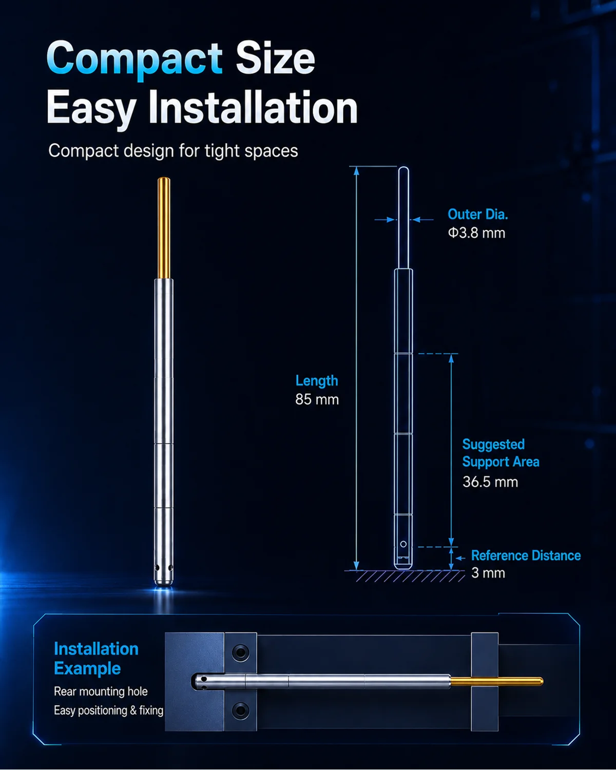 Slim confocal sensor probe for compact installation