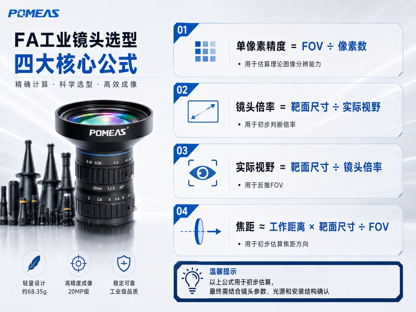 POMEAS FA工业镜头产品图,适用于机器视觉检测和工业相机成像