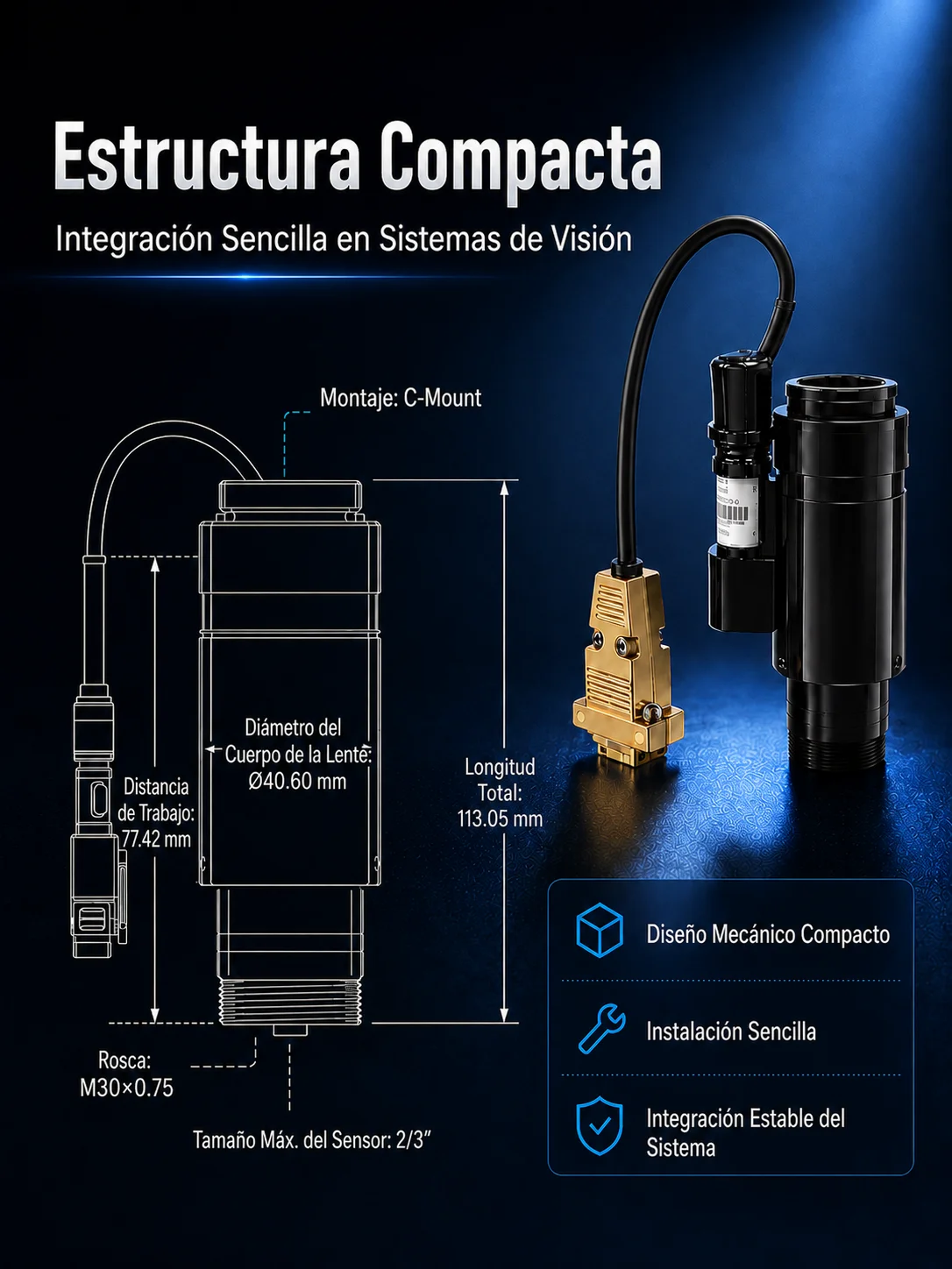 Lente zoom industrial telec&eacute;ntrico PMS-LZL-12100D15 con 15 posiciones