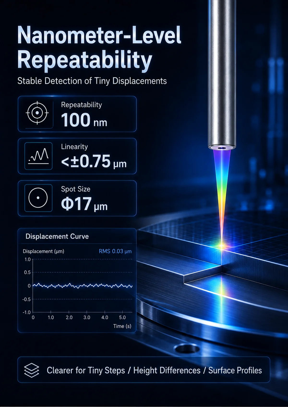 Chromatic confocal displacement sensor for surface height inspection