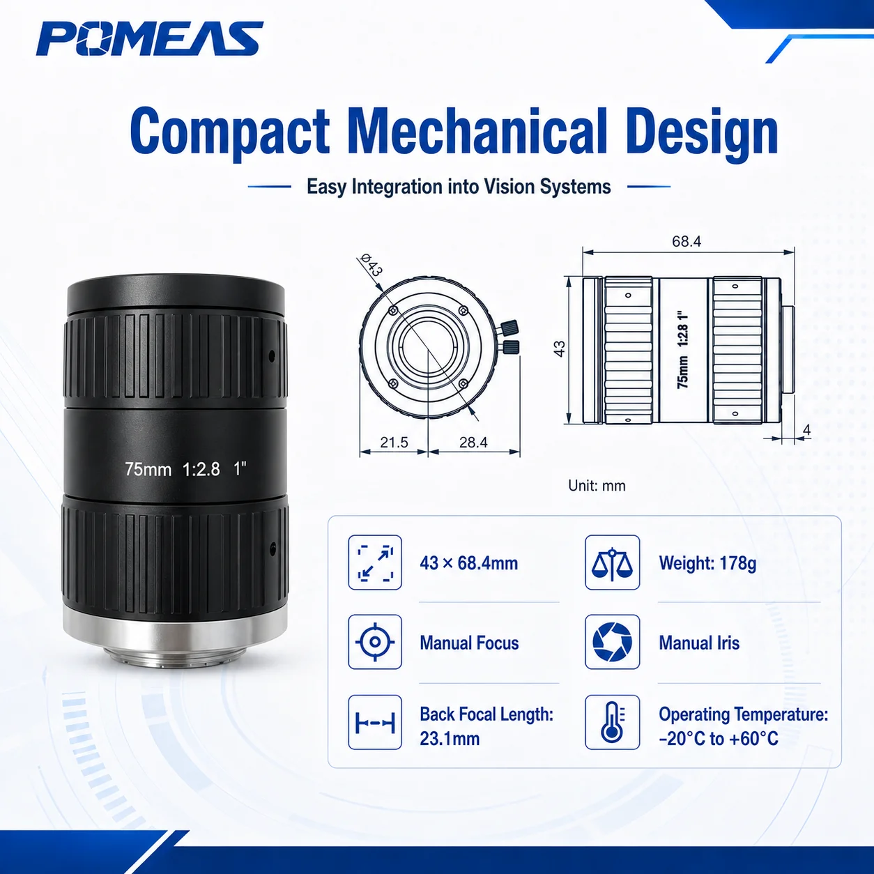 75mm 10MP 1-Inch C-Mount Machine Vision Lens