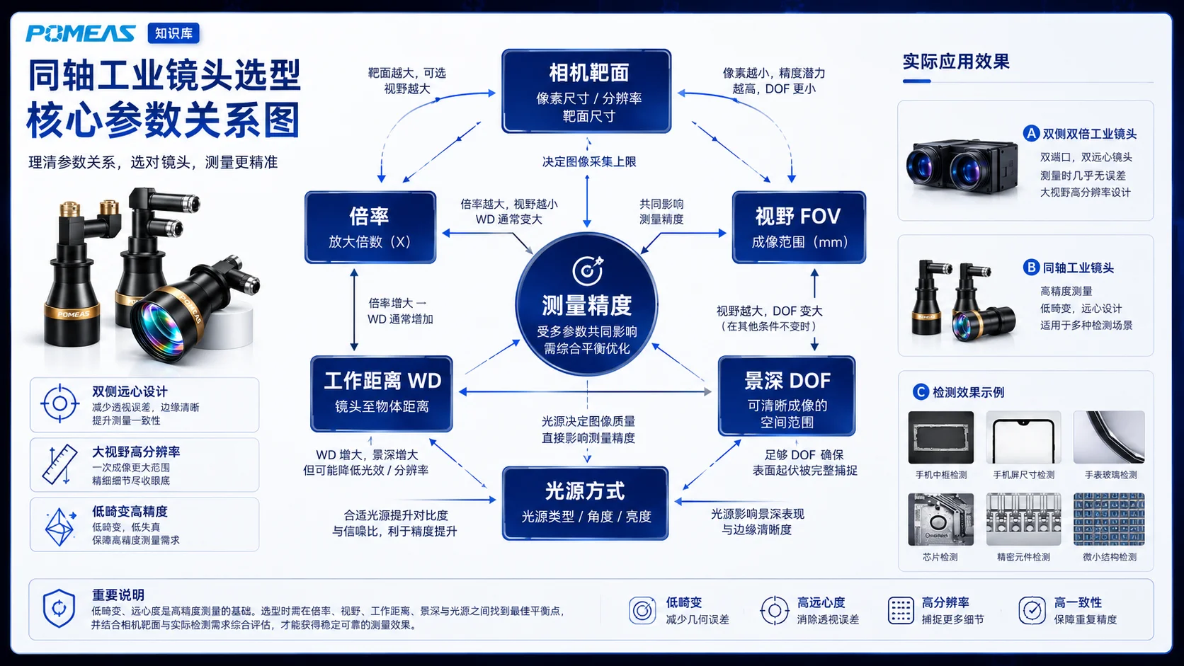 不同相机有效靶面搭配0.5X、1X和2X远心镜头时的实际FOV视野变化