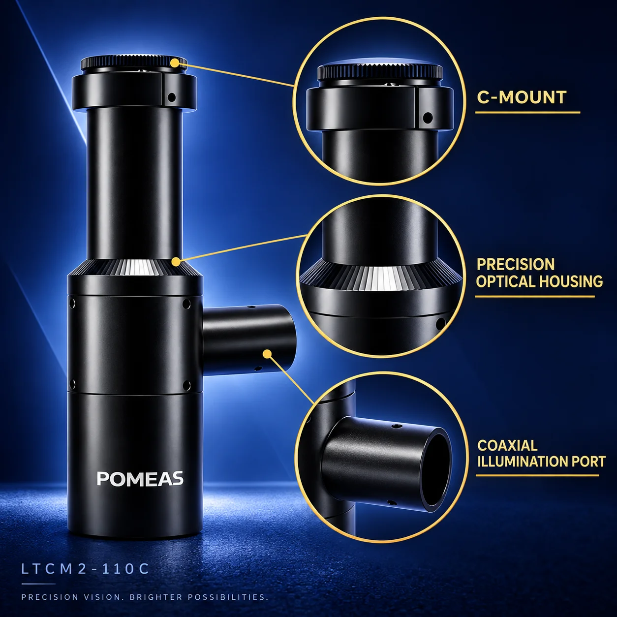 POMEAS LTCM2-110C C-mount and coaxial illumination port details