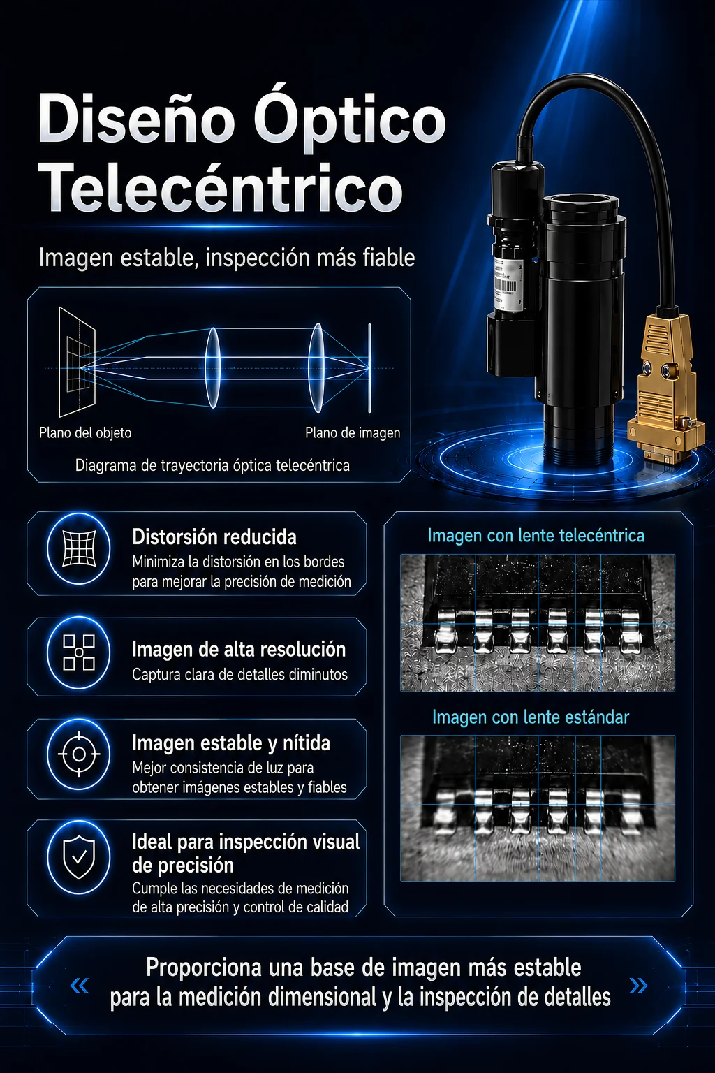 Lente zoom industrial 6,5X con luz coaxial y ajuste fino de 3 mm