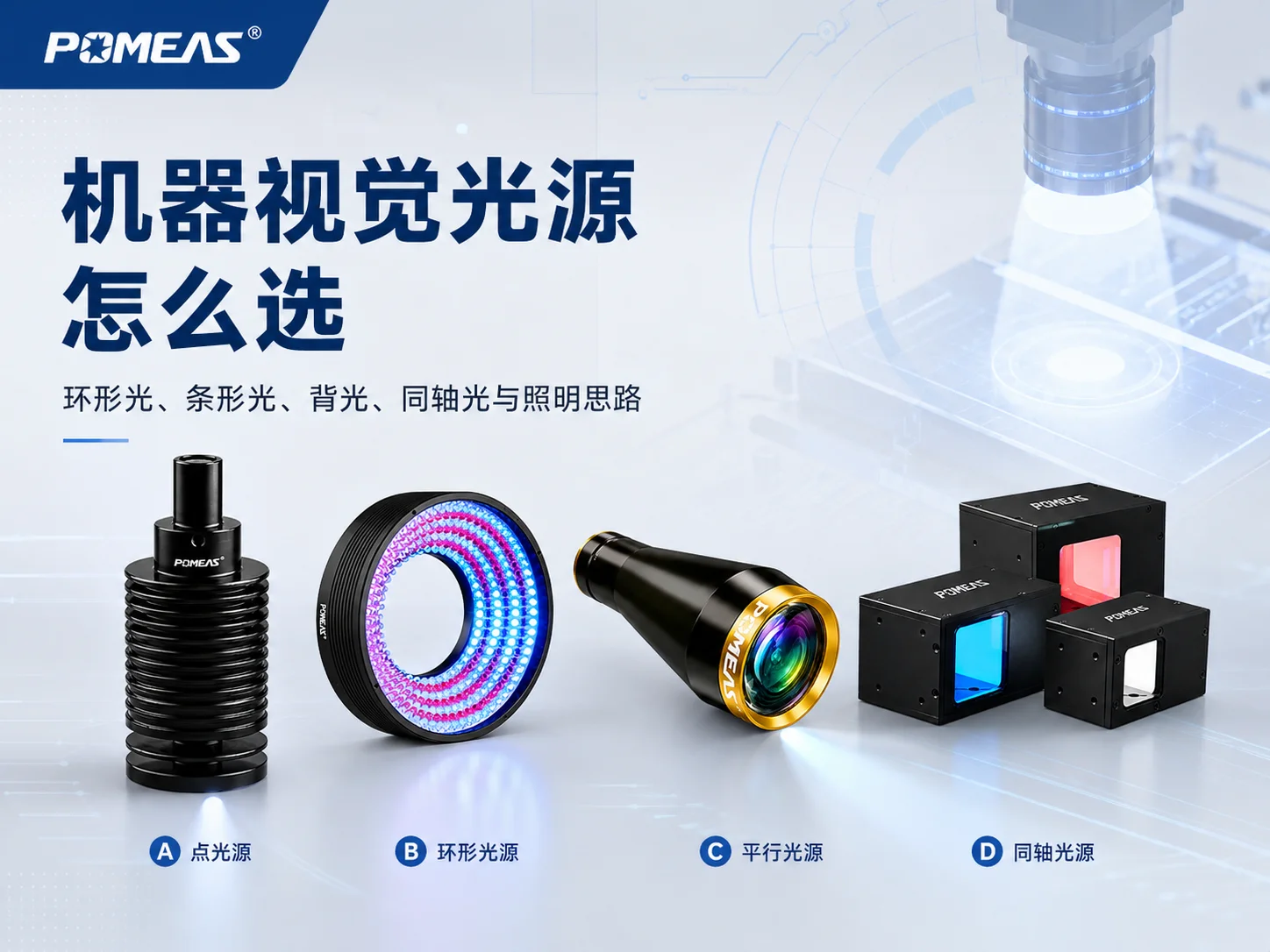POMEAS机器视觉点光源环形光远心平行光和同轴光选型指南