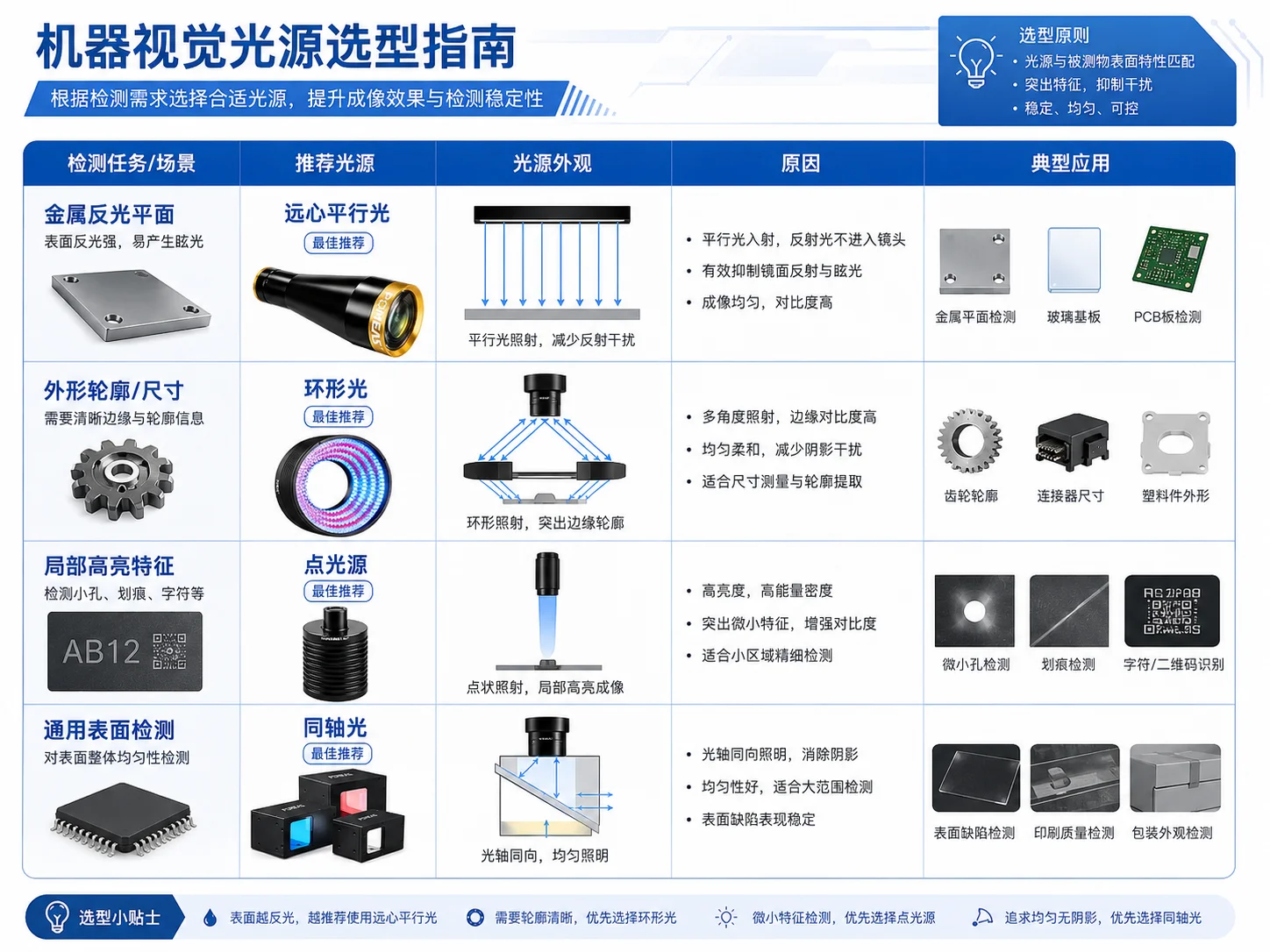 金属反光面轮廓尺寸局部特征和通用表面的机器视觉光源选择指南