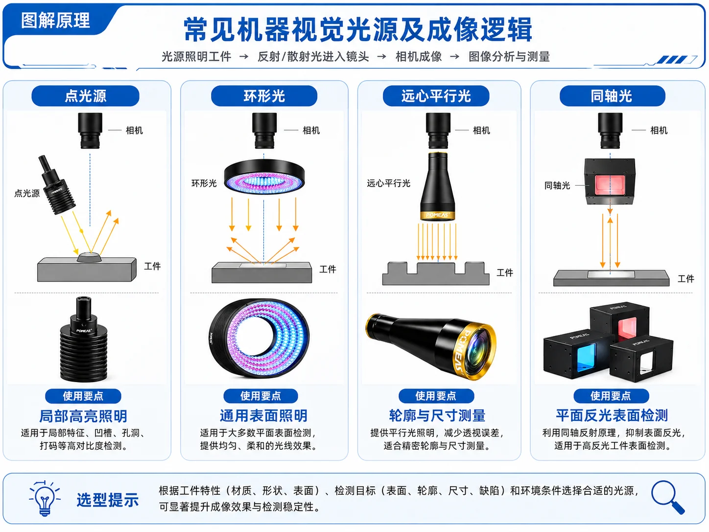 点光源环形光远心平行光和同轴光的照明与成像原理