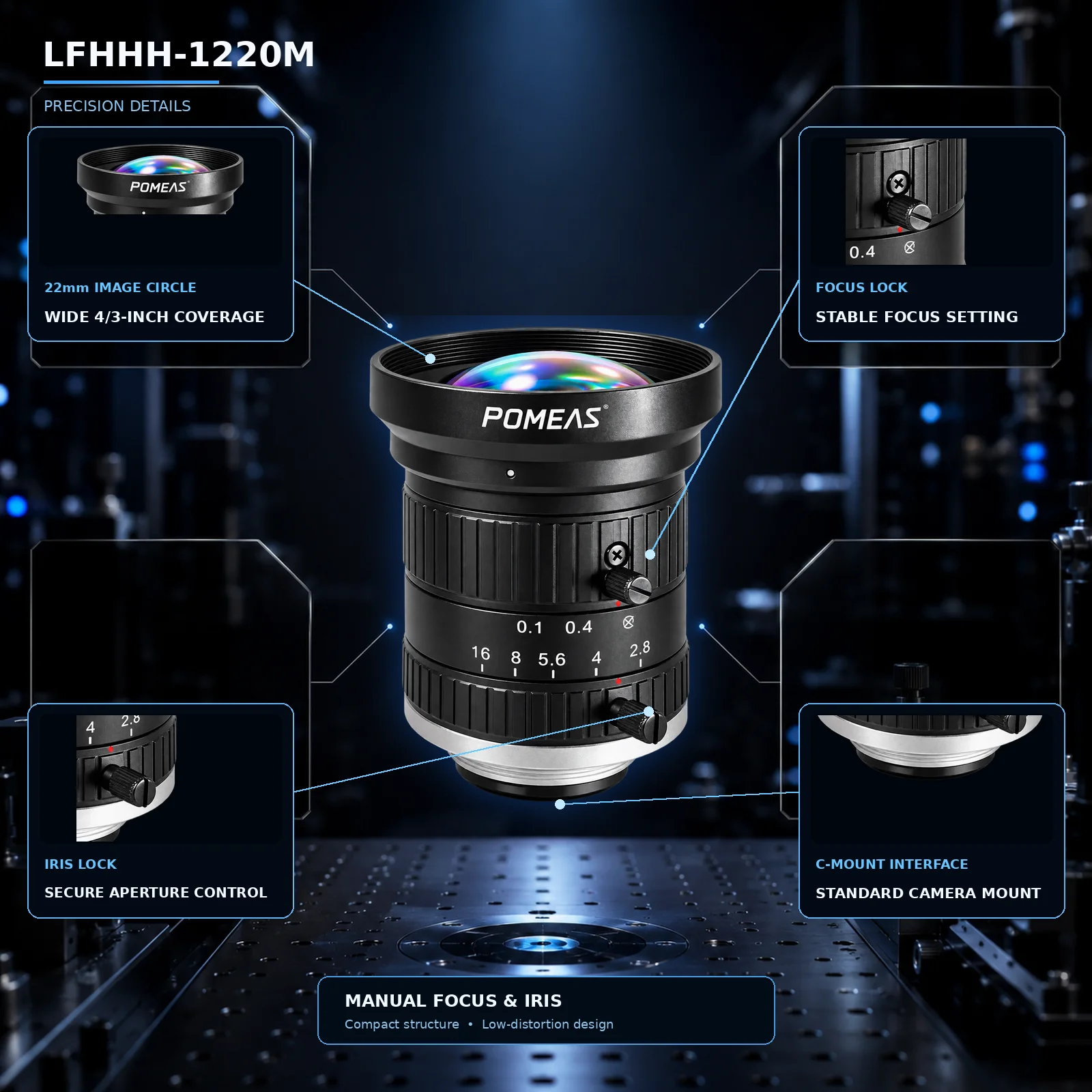 LFHHH-1220M focus iris locking screws and C-Mount details