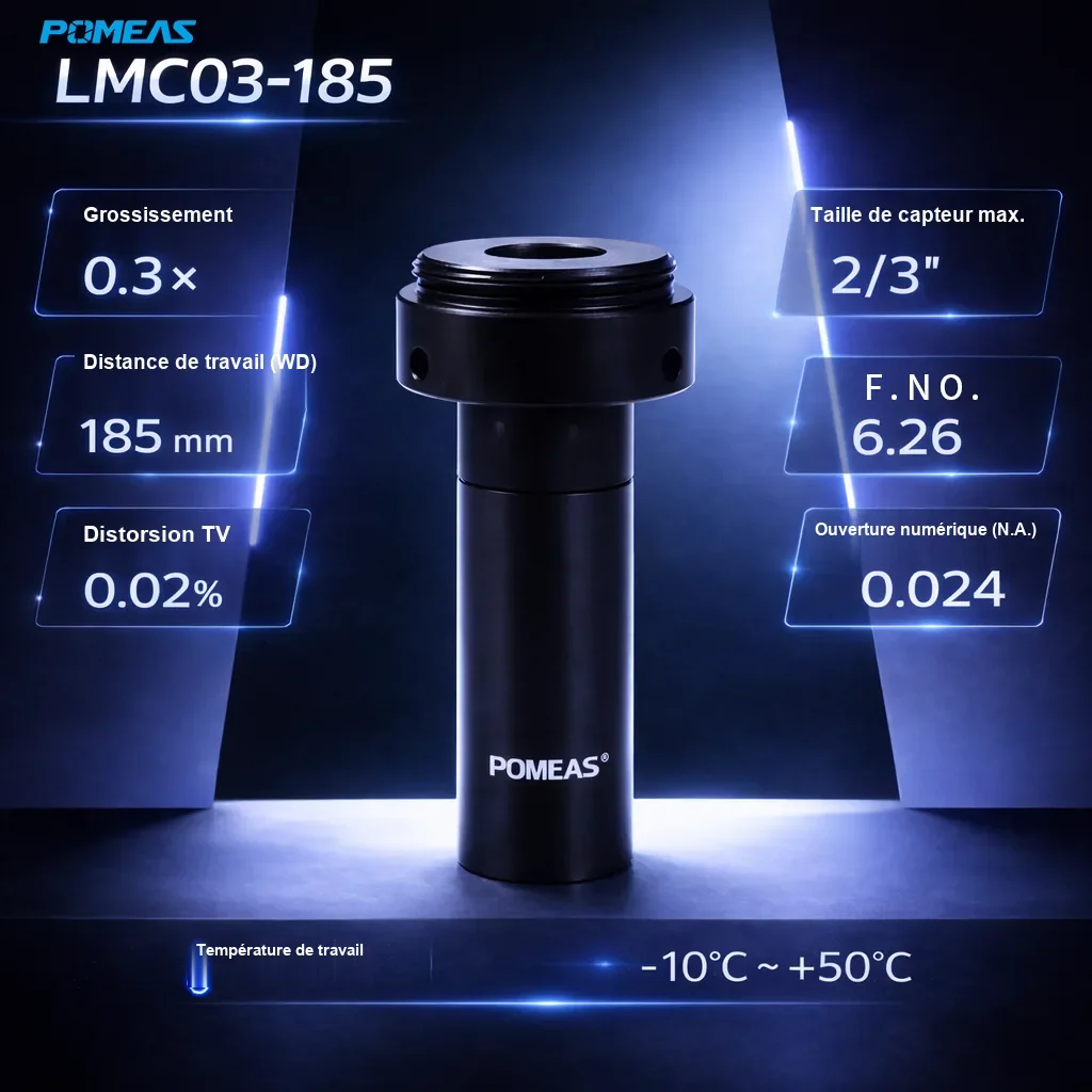 PMS-LMC03-185 Objectif macro télécentrique à grossissement fixe 0.3X, 185mm DT - Spécifications techniques
