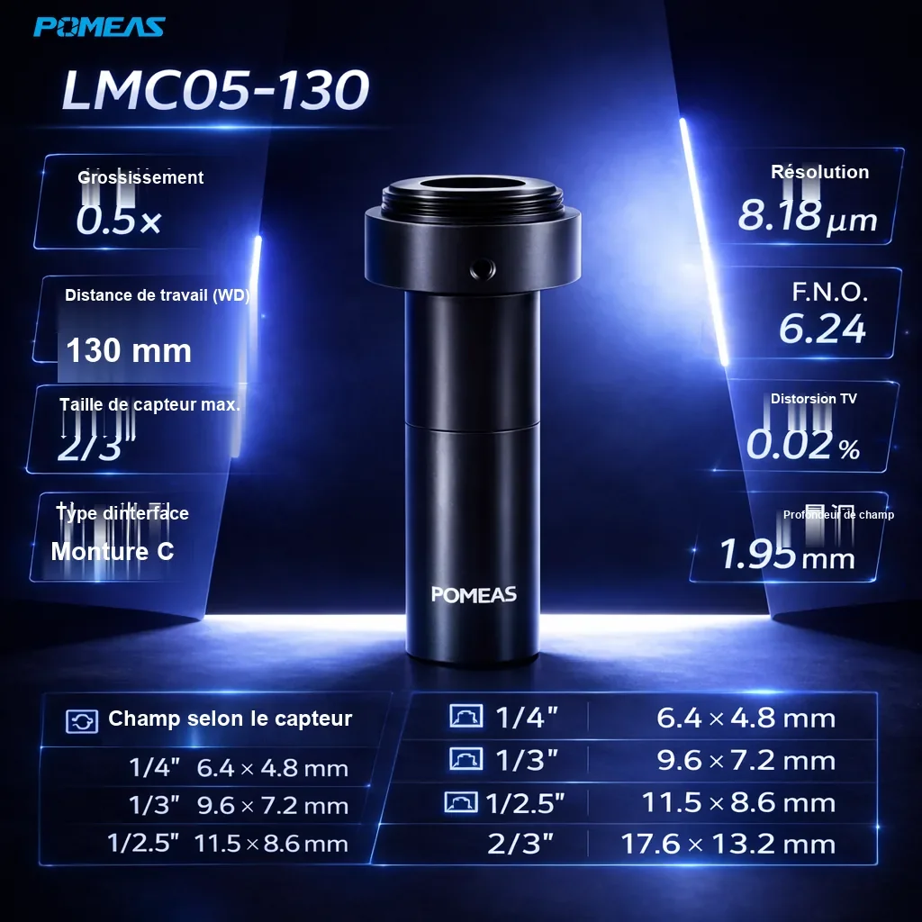 Objectif macro télécentrique à grossissement fixe 0.5X, 130mm DT