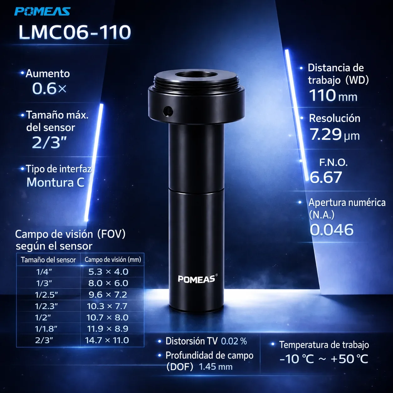 Objetivo macro telecéntrico de aumento fijo 0.6X, 110mm DT