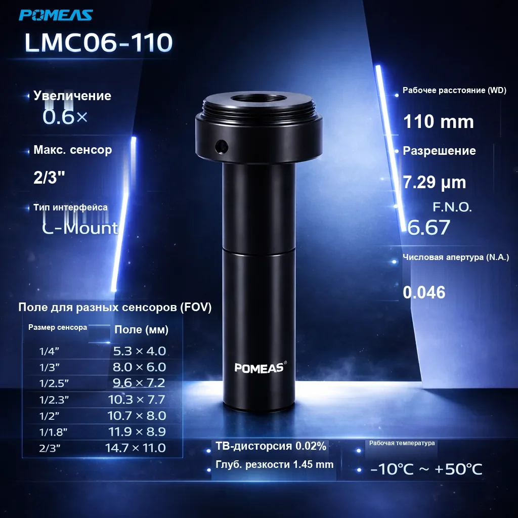 PMS-LMC06-110 Телецентрический макрообъектив с фиксированным увеличением 0.6X, 110mm WD - Технические характеристики