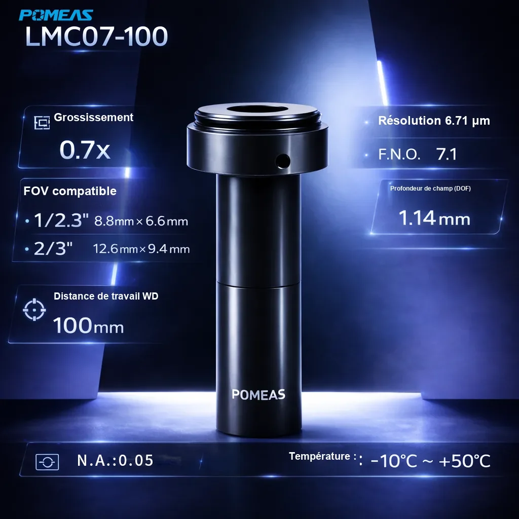 PMS-LMC07-100 Objectif macro télécentrique à grossissement fixe 0.7X, 100mm DT - Spécifications techniques