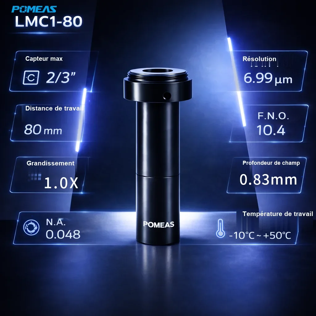 PMS-LMC1-80 Objectif macro télécentrique 1X à grossissement fixe, 80mm DT - Spécifications techniques