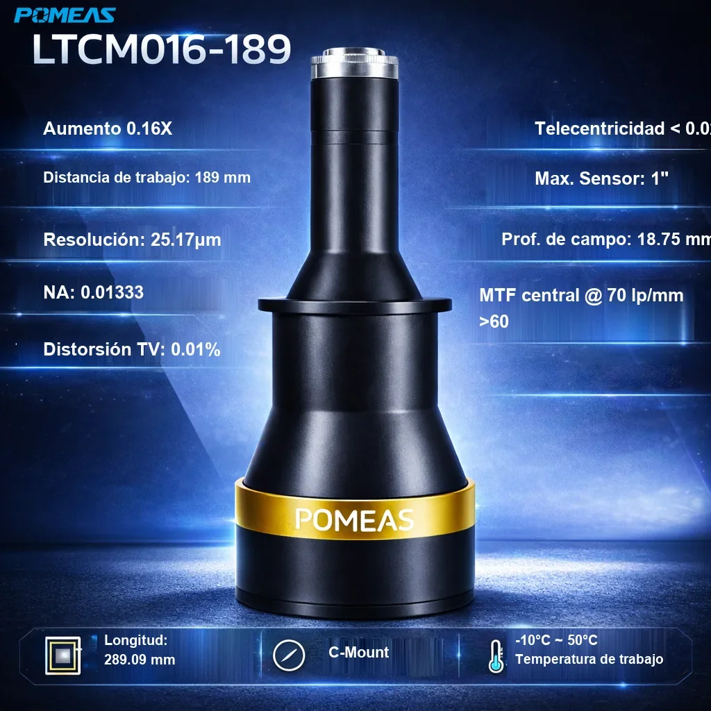 Lente telecéntrica de alta resolución 0.16X, 189mm DT
