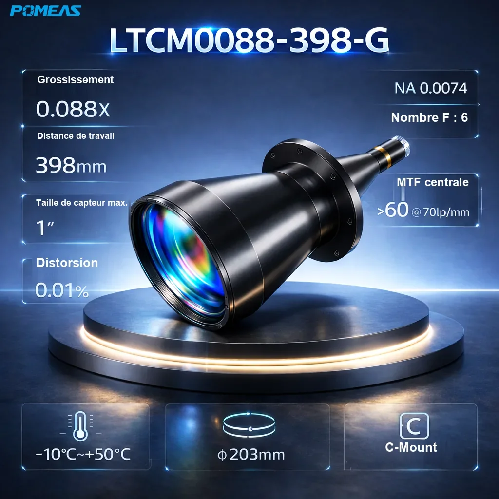 PMS-LTCM0088-398-G Objectif télécentrique haute résolution 0.088X, 398mm DT - Spécifications techniques