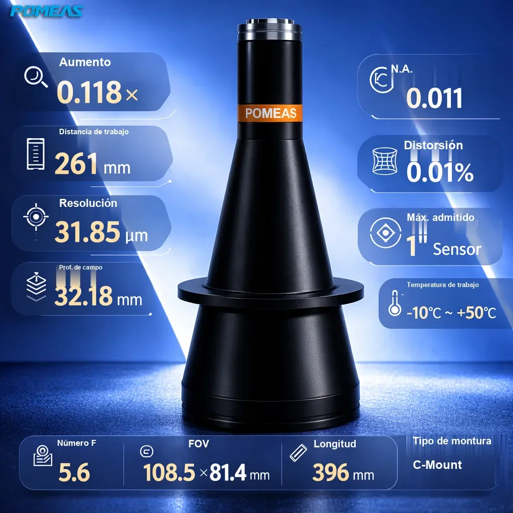 Lente telecéntrica de alta resolución 0.118X, 261mm DT