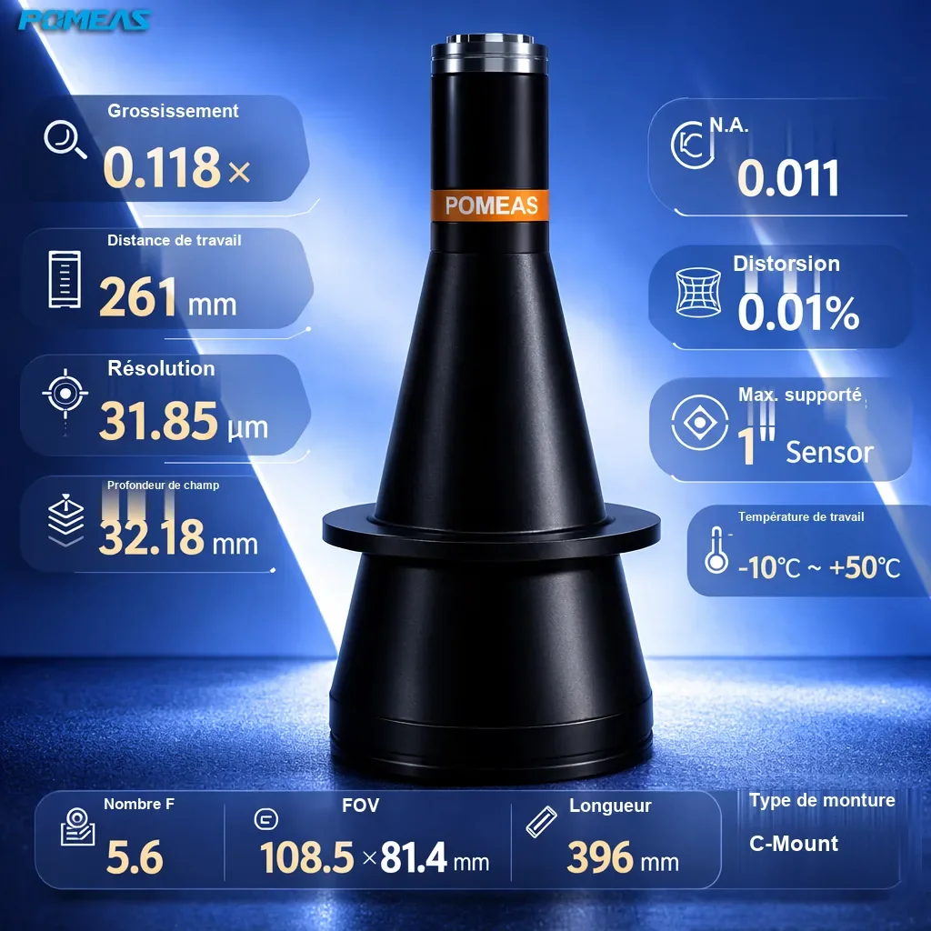 PMS-LTCM0118-261-G Objectif télécentrique haute résolution 0.118X, 261mm DT - Spécifications techniques