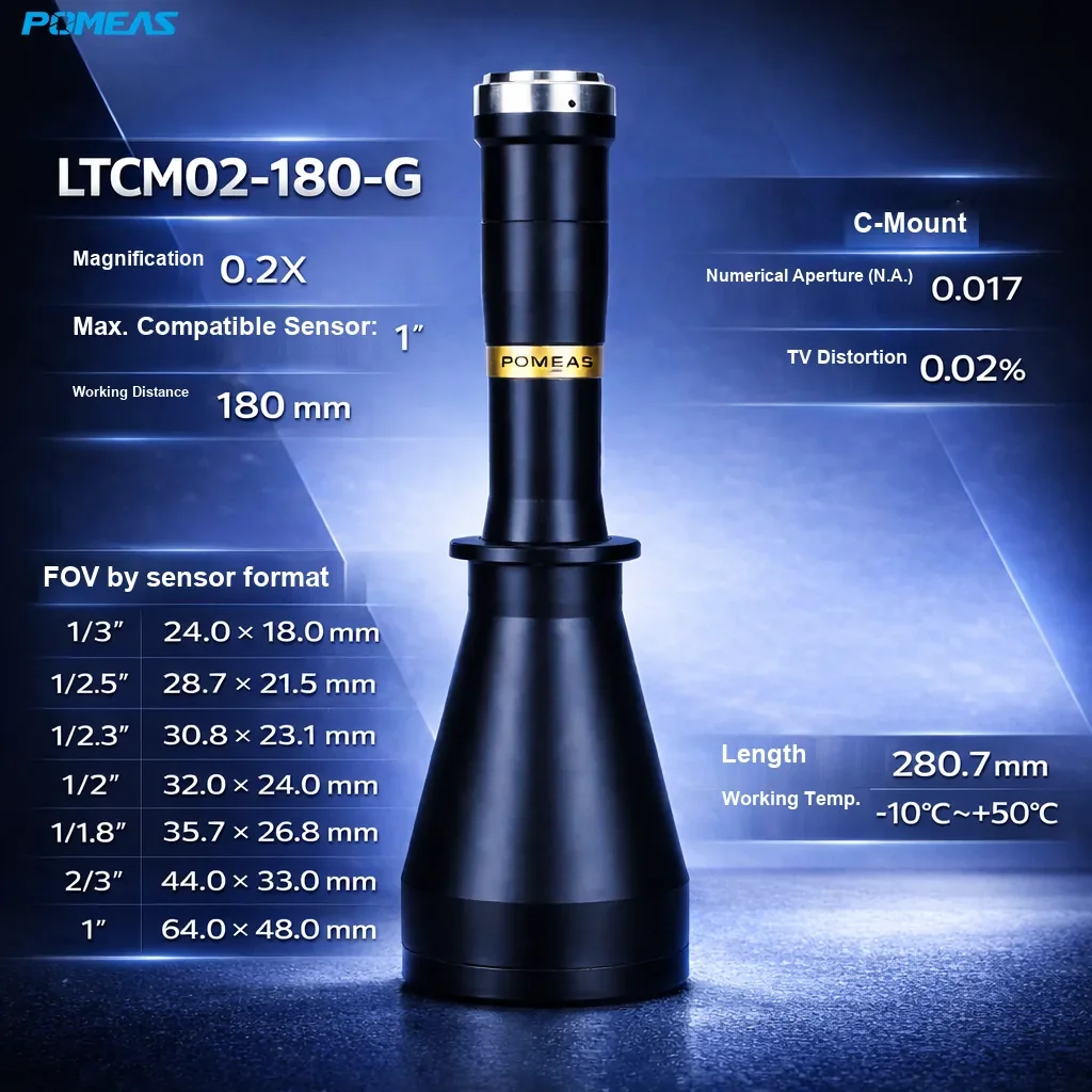 PMS-LTCM02-180-G 0.2X High-Resolution Telecentric Lens, 180mm WD - Specifications