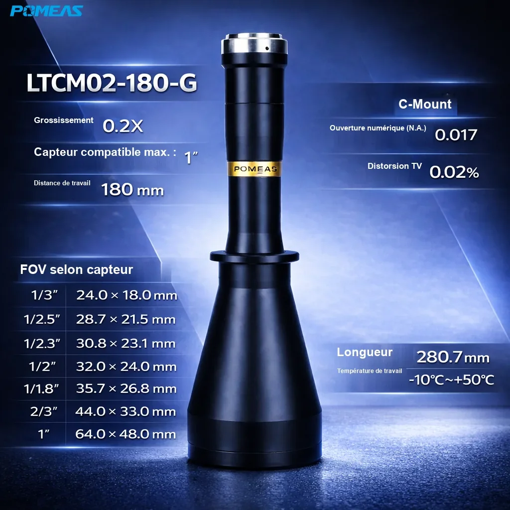 Objectif télécentrique haute résolution 0.2X, 180mm DT