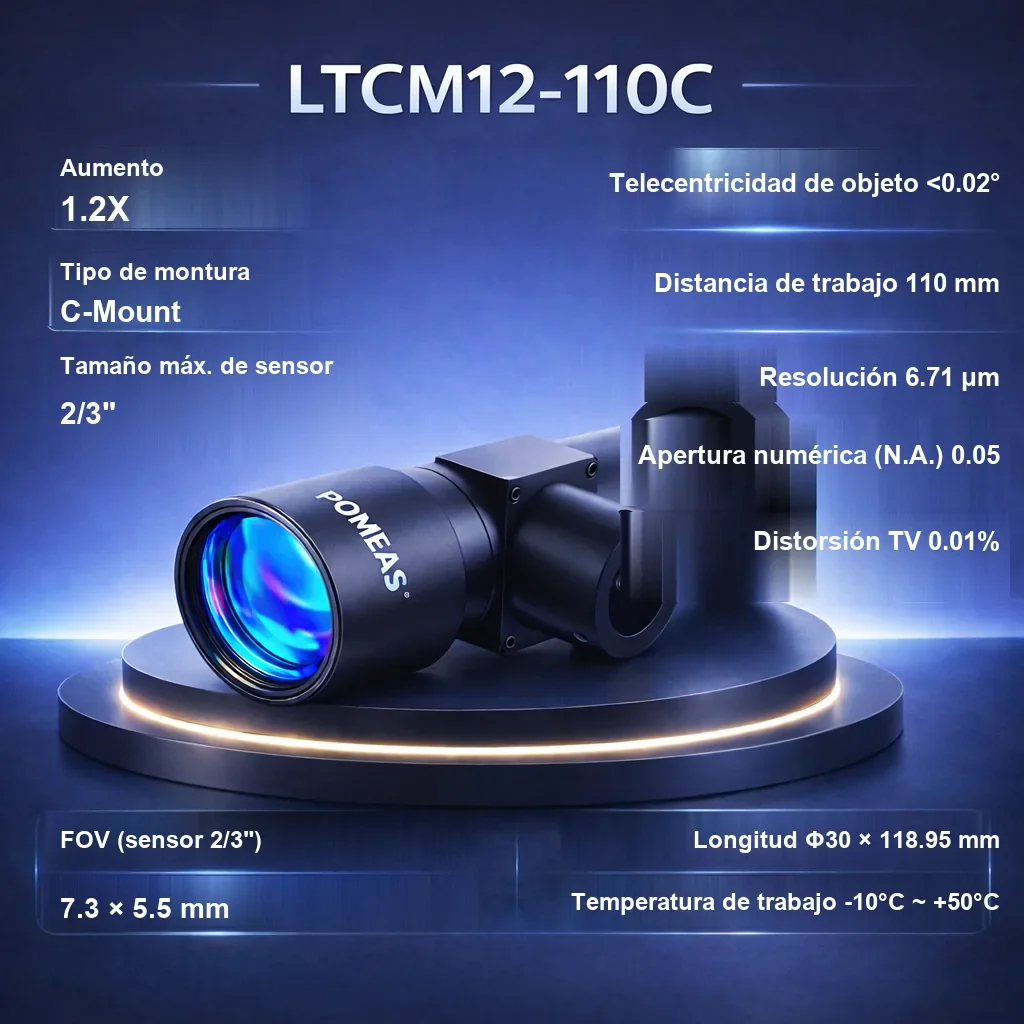 Lente telecéntrica coaxial de alta resolución 1.2X, 110mm DT