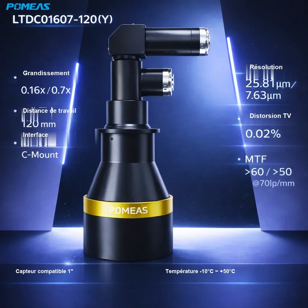 PMS-LTDC01607-120(Y) Objectif bi-télécentrique à double grossissement 0.16X/0.7X (Y), 120mm DT - Spécifications techniques