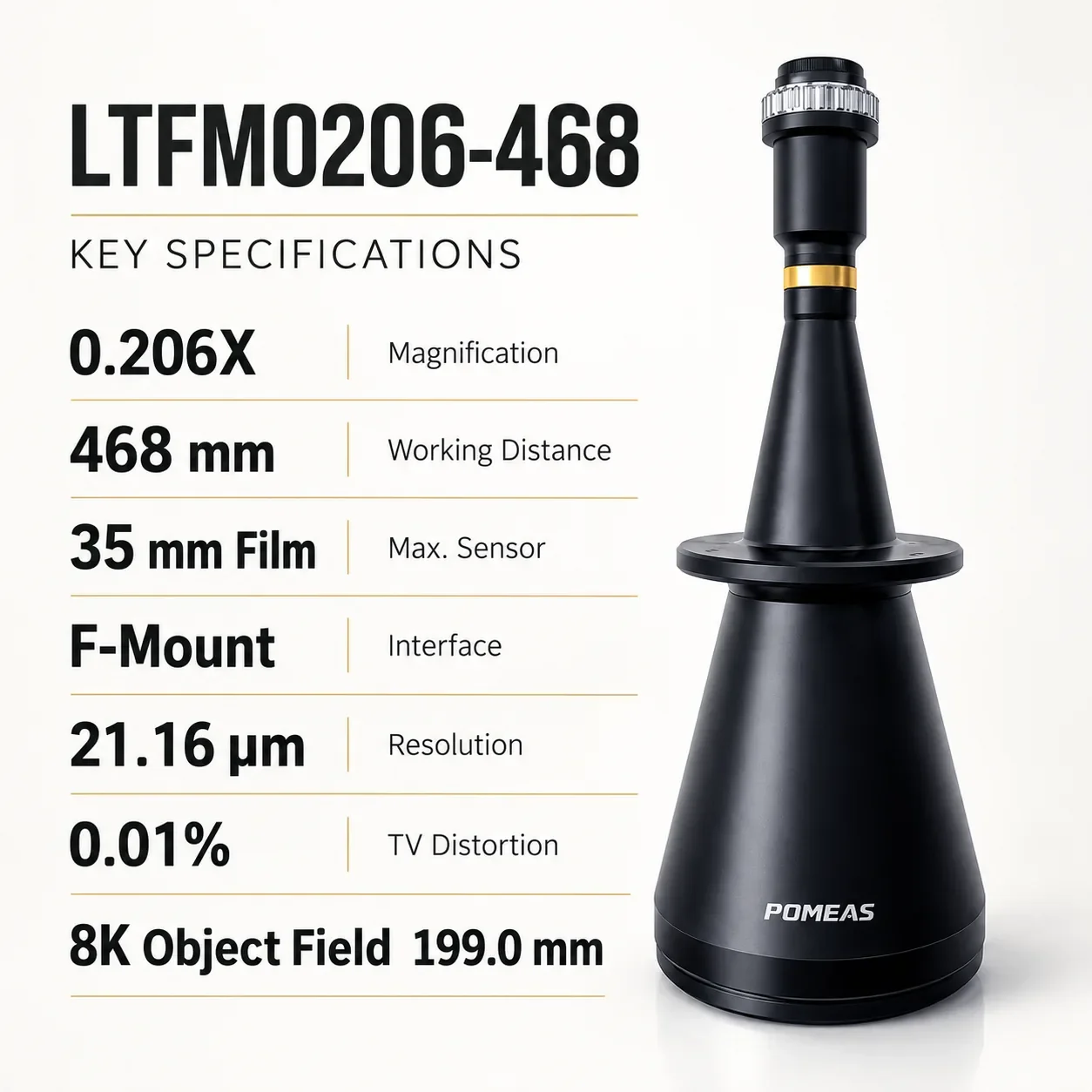 PMS-LTFM0206-468 0.206X F-Mount Double Telecentric Lens, 468mm WD - Specifications