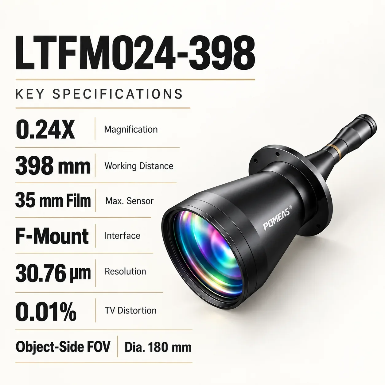 PMS-LTFM024-398 0.24X F-Mount Double Telecentric Lens, 398mm WD - Specifications