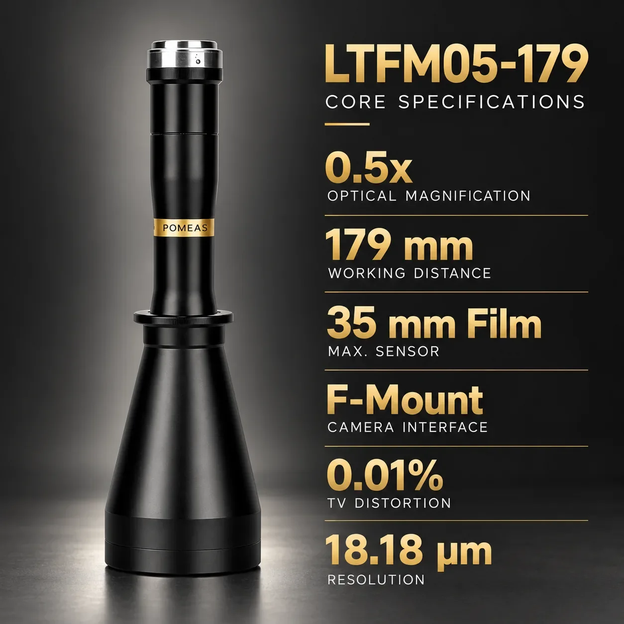 PMS-LTFM05-179 0.5X F-Mount Double Telecentric Lens, 179mm WD - Specifications