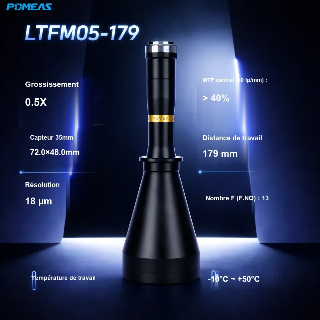 PMS-LTFM05-179 Objectif double télécentrique F 0.5X, 179mm DT - Spécifications techniques