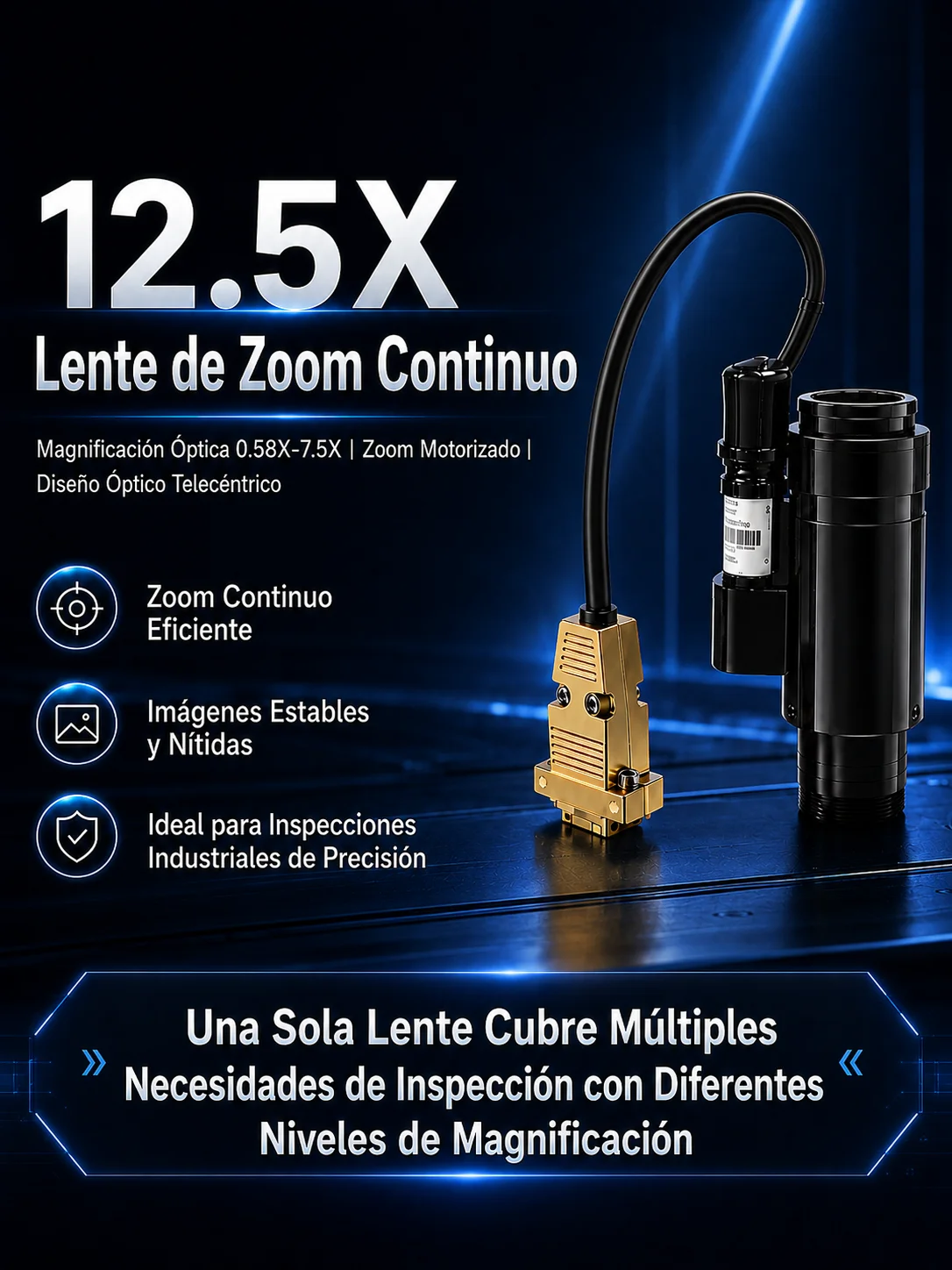 Lente zoom industrial 6,5X con luz coaxial y ajuste fino de 3 mm