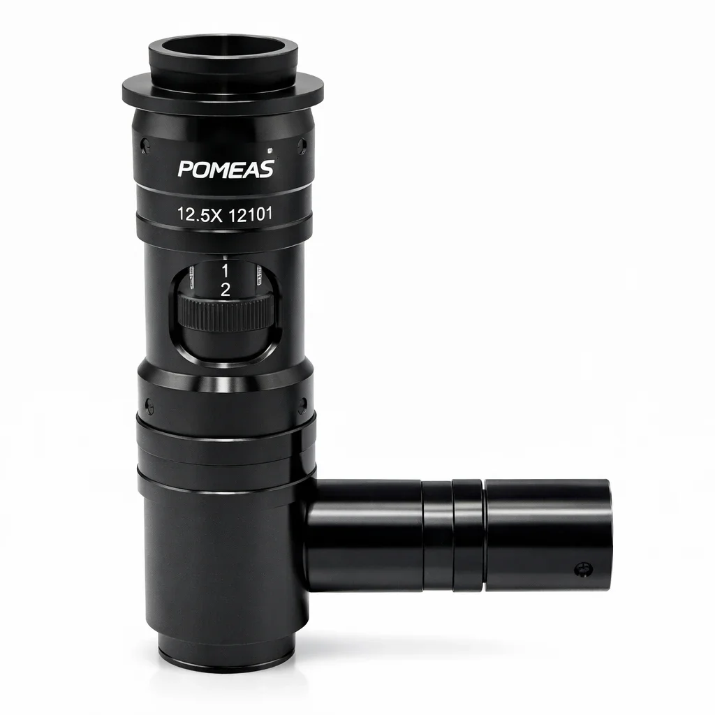 POMEAS PMS-LZL-12101 12.5X coaxial continuous zoom lens with manual zoom ring on a white background