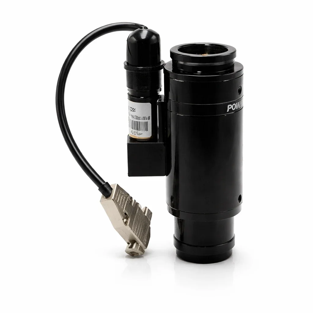 POMEAS LZ-650104 6.5X motorized zoom lens with closed-loop motor and RS-232 connector on a white background