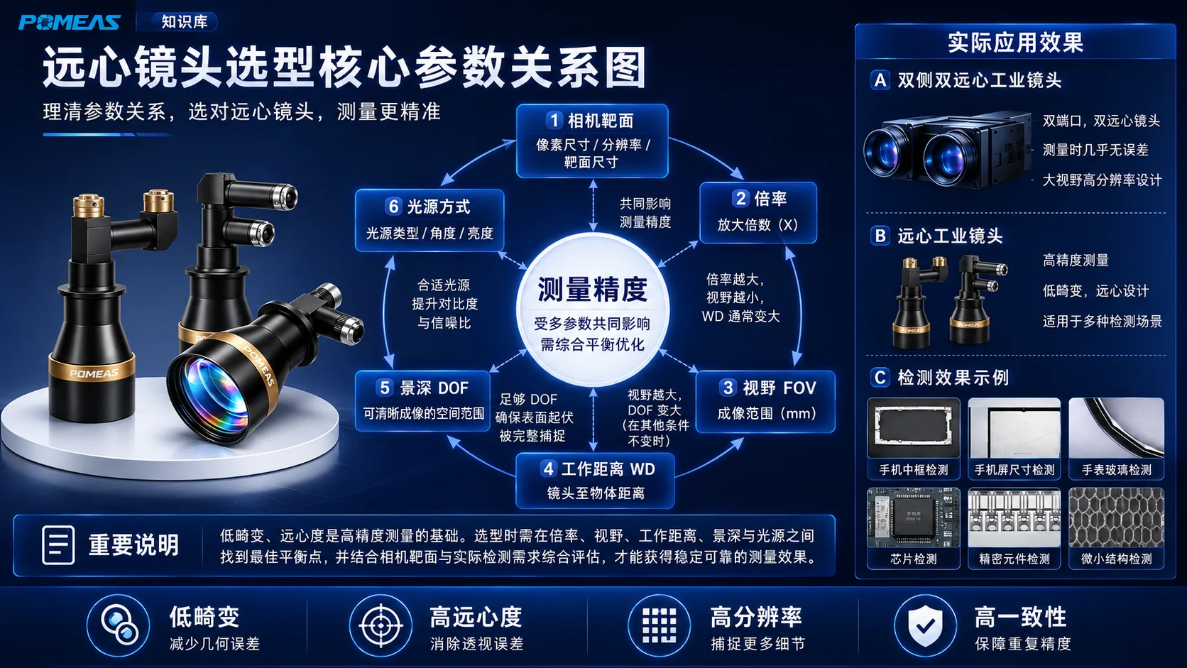 远心镜头相机靶面、倍率、FOV、工作距离、景深、光源和测量精度核心参数关系图