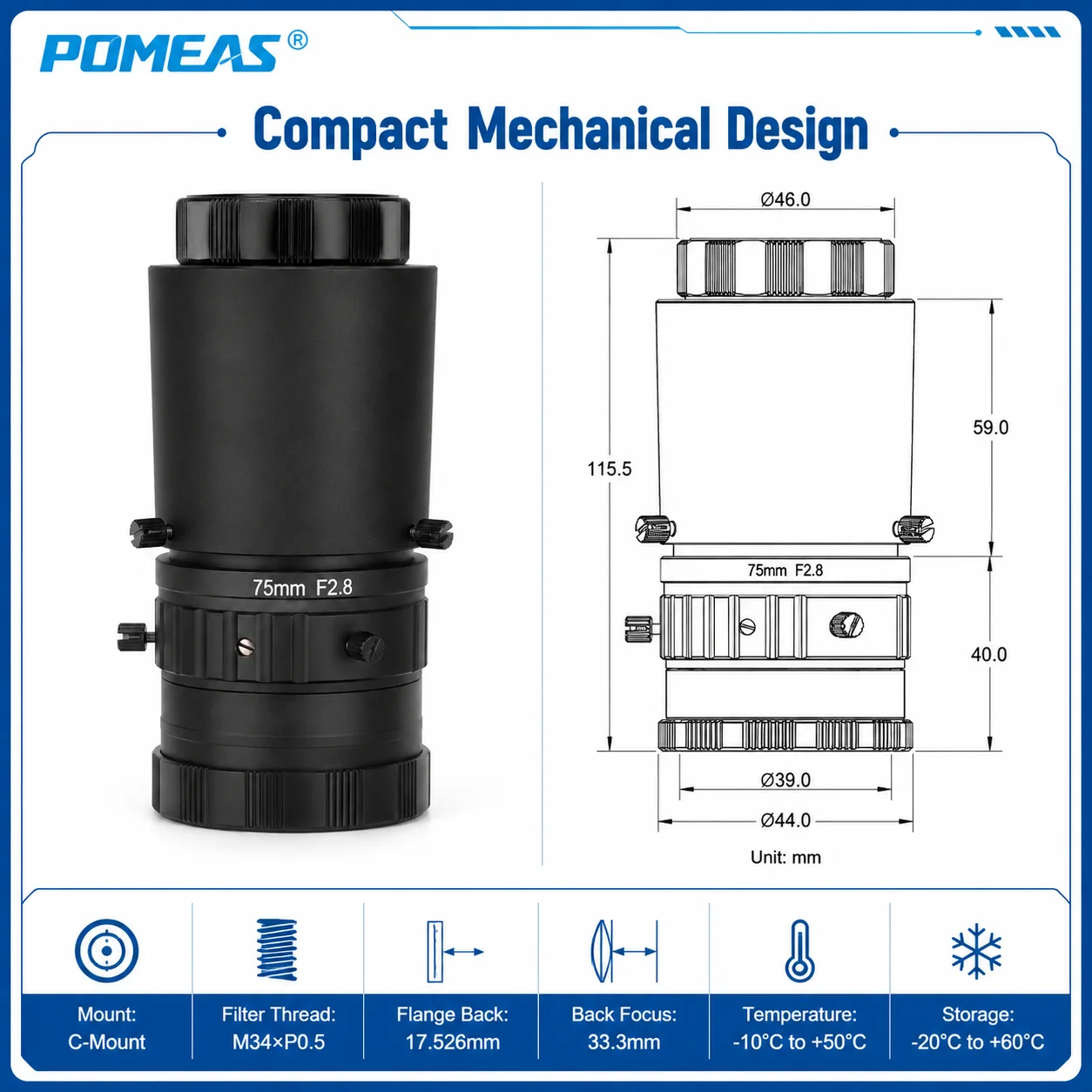 75mm F2.8 C-Mount Machine Vision Lens for 1.1-Inch Cameras