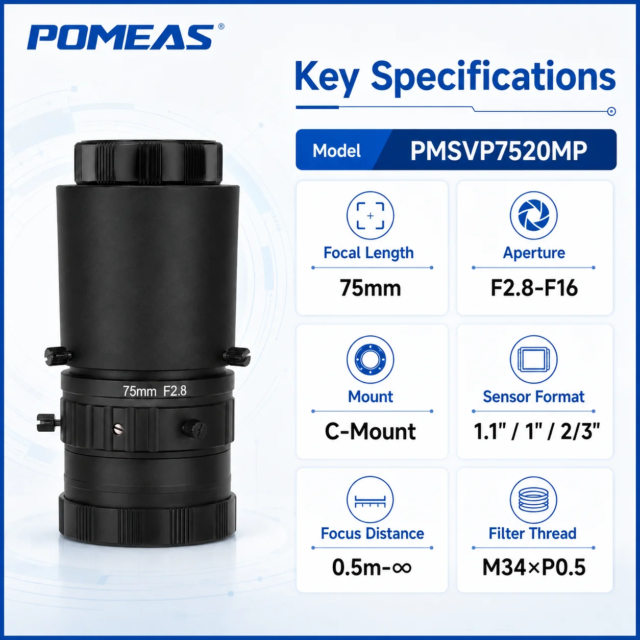 75mm F2.8 C-Mount Machine Vision Lens for 1.1-Inch Cameras
