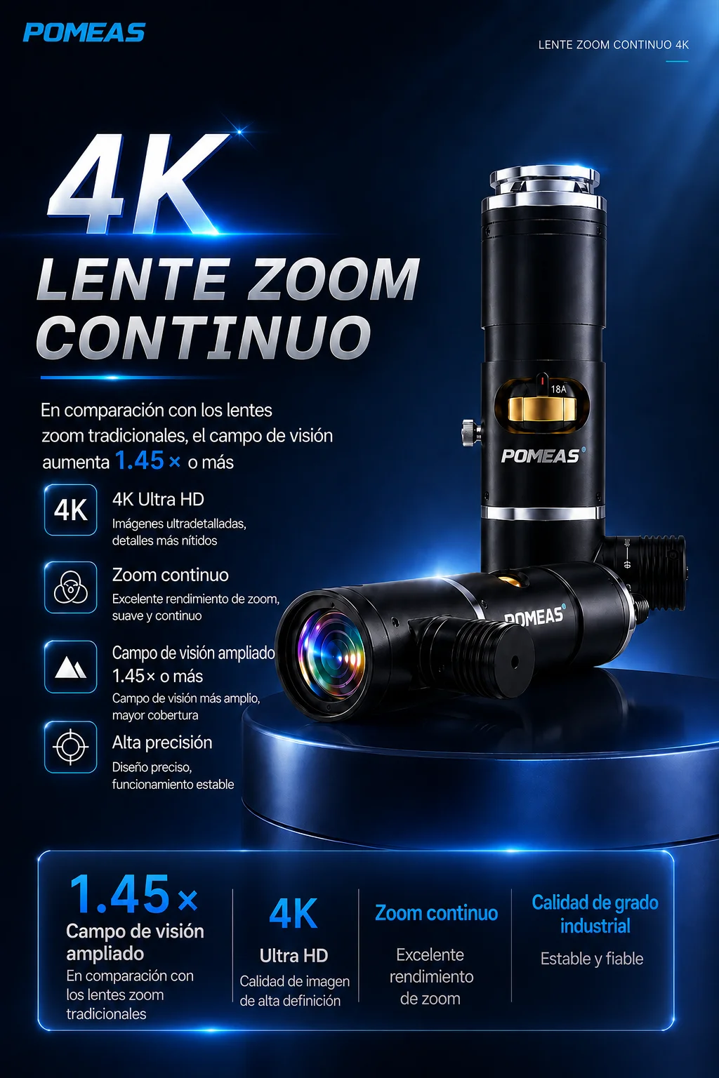 Lente zoom industrial 4K motorizado con iluminación coaxial