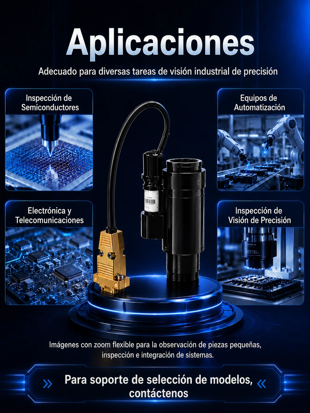 Lente zoom industrial 6,5X con luz coaxial y ajuste fino de 3 mm