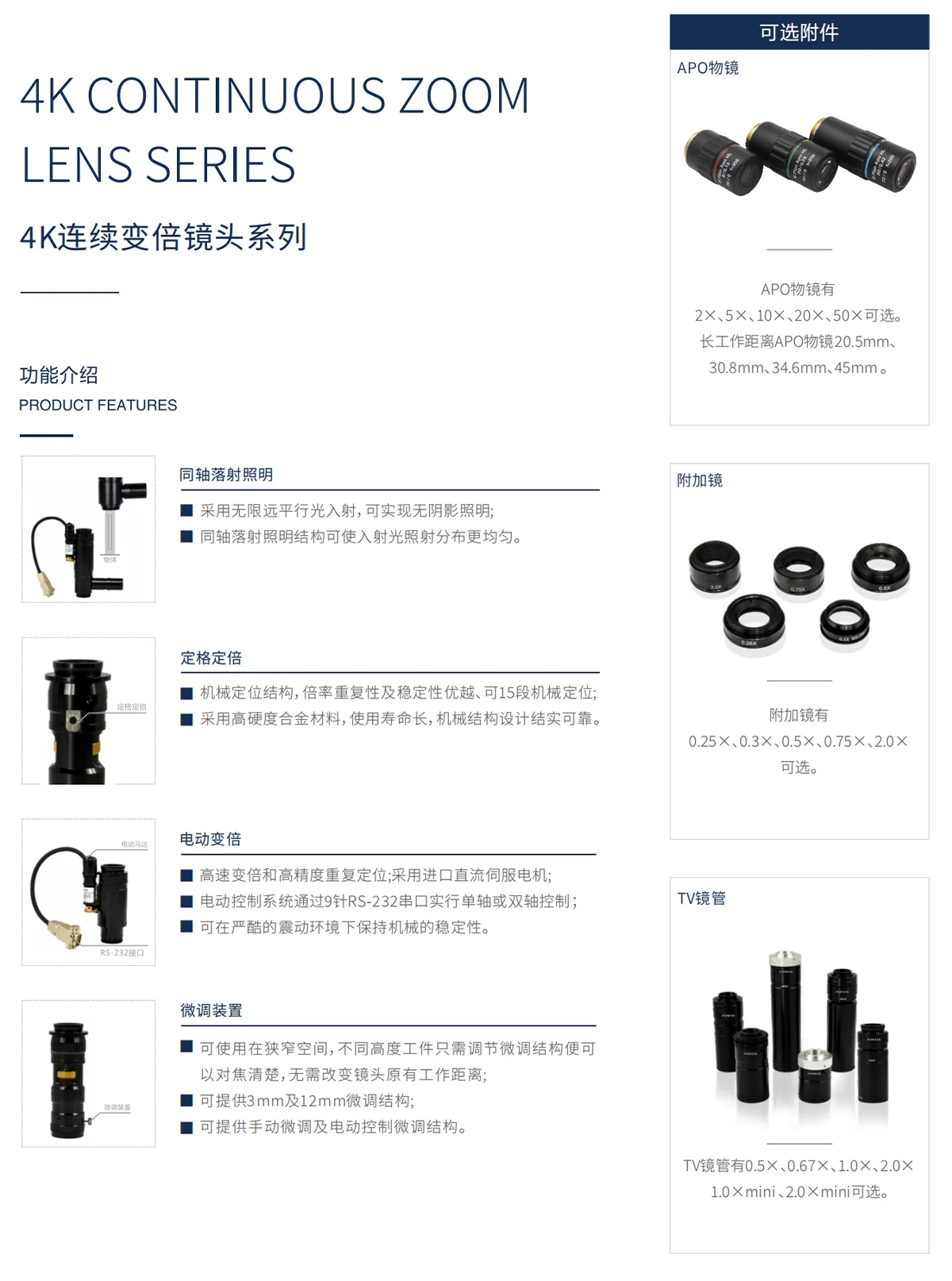 4K高清连续变倍工业镜头 1英寸大靶面机器视觉镜头