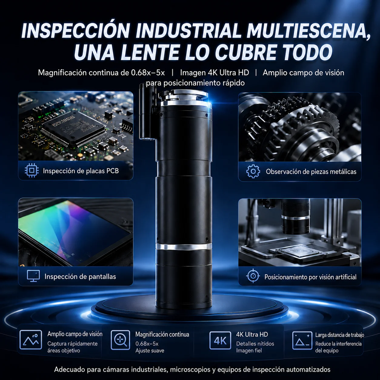 Lente zoom industrial 4K motorizado con iluminación coaxial