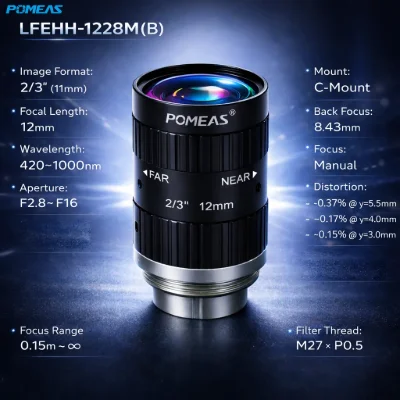 12mm 2/3-Inch 10MP Low-Distortion C-Mount Lens | POMEAS