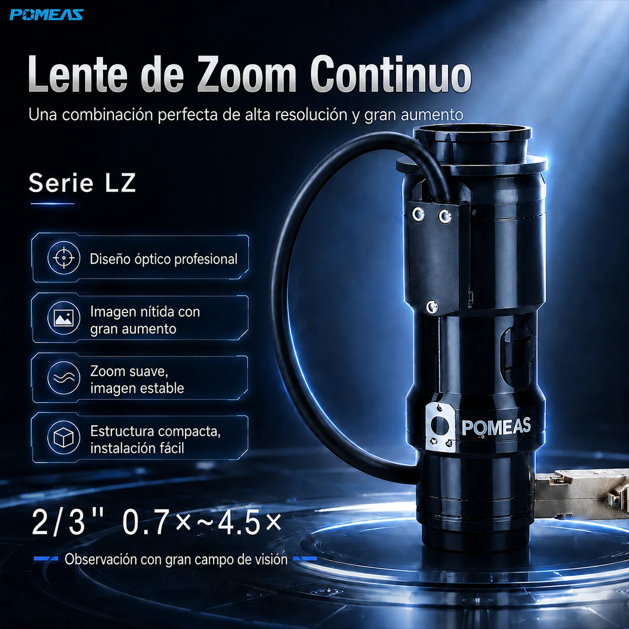 Lente zoom industrial 0,7×–4,5× con realimentación electrónica