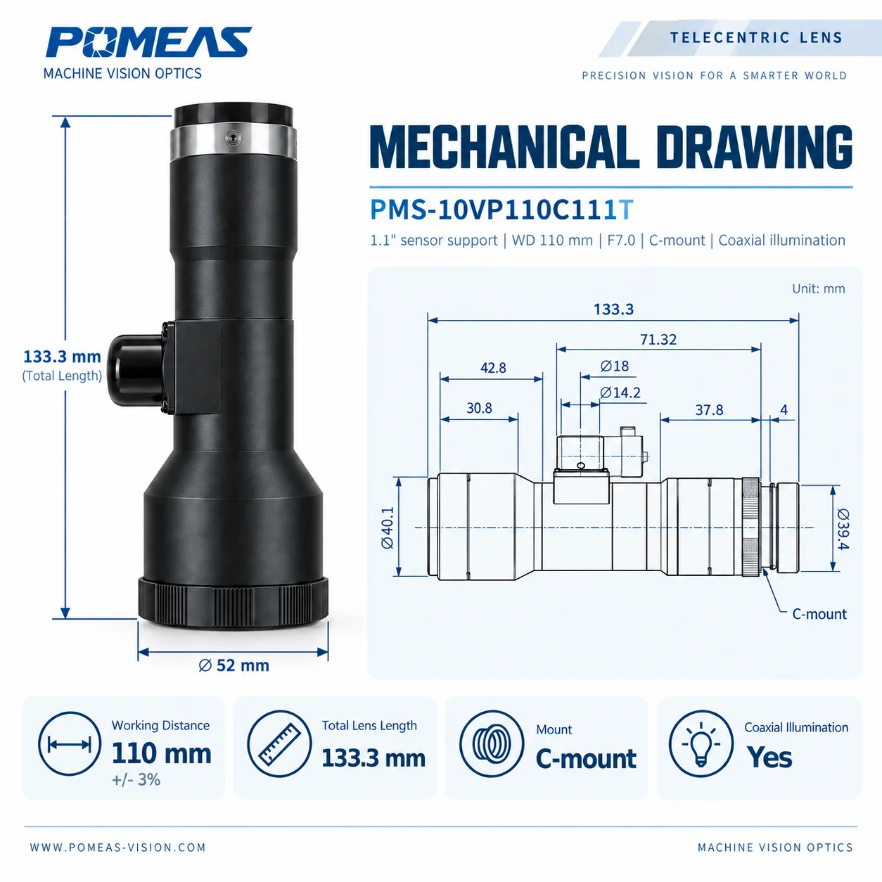 PMS-10VP110C111T 1.0X Bi-Telecentric Lens for 1.1" Sensor