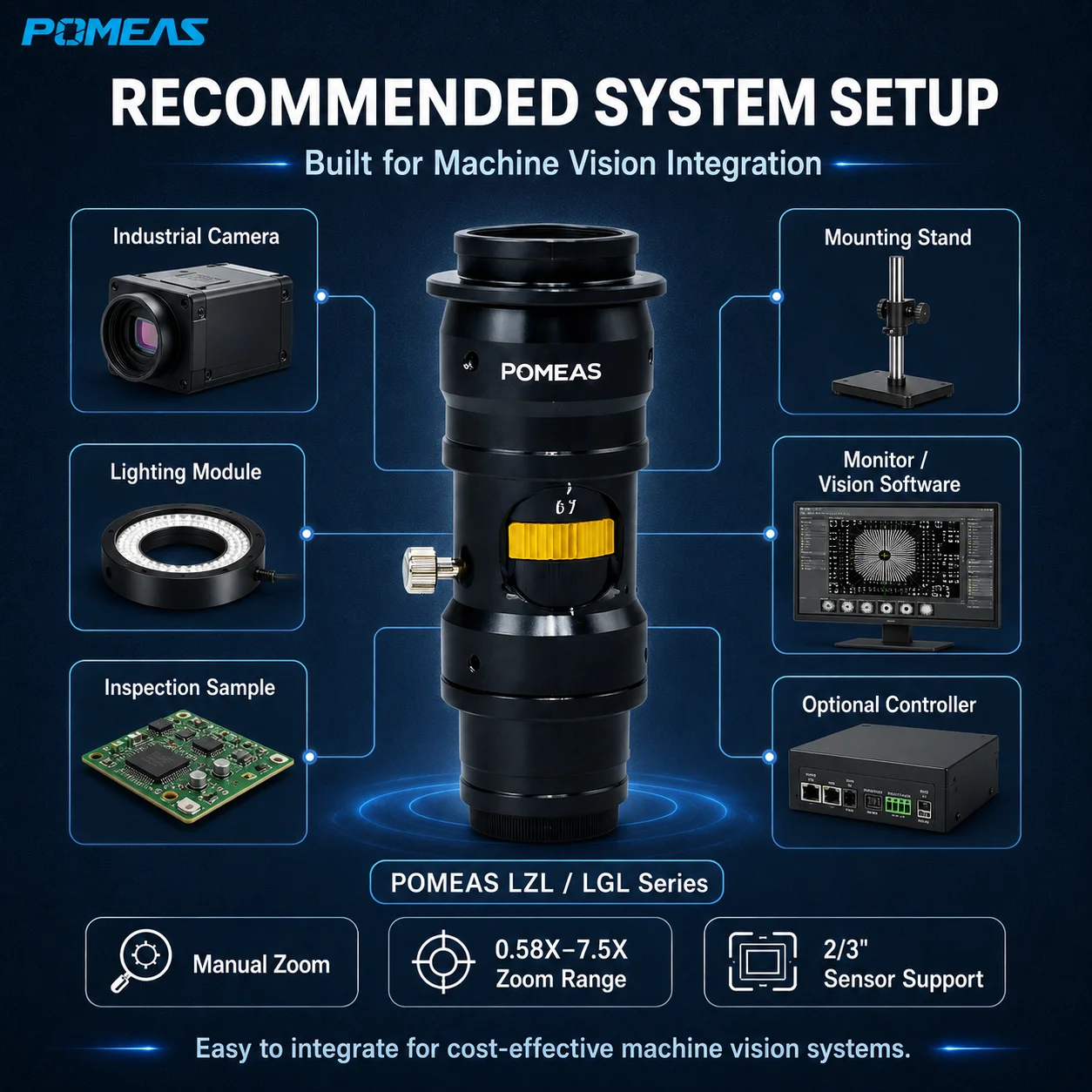 12.5X Manual Continuous Zoom Lens with 0.58X-7.5X Magnification