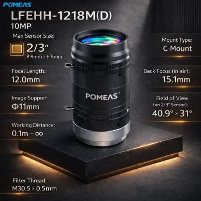 12mm 2/3-Inch 10MP Close-Focus C-Mount Lens | POMEAS