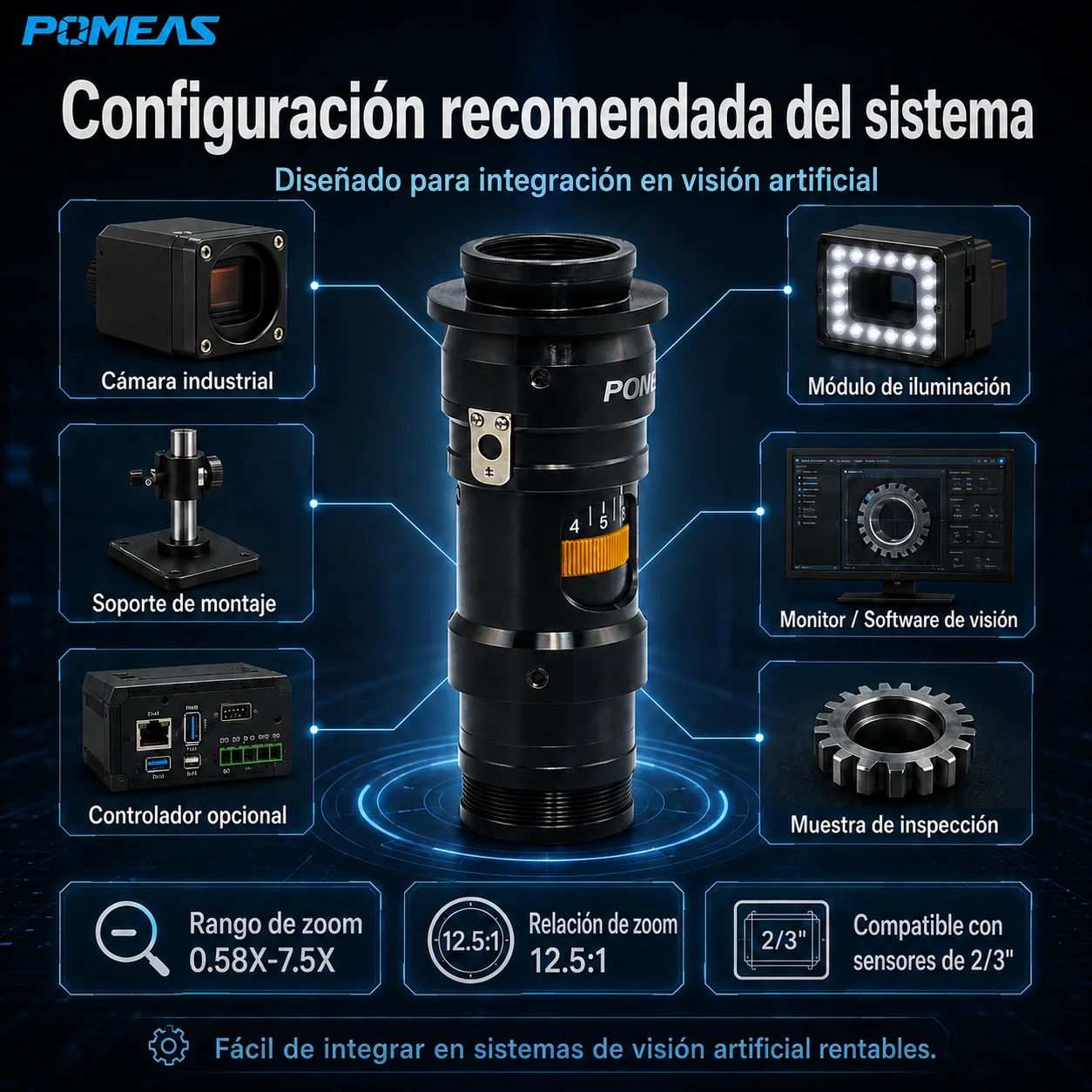 Lente zoom industrial 0,58×–7,5× con 15 posiciones mecánicas
